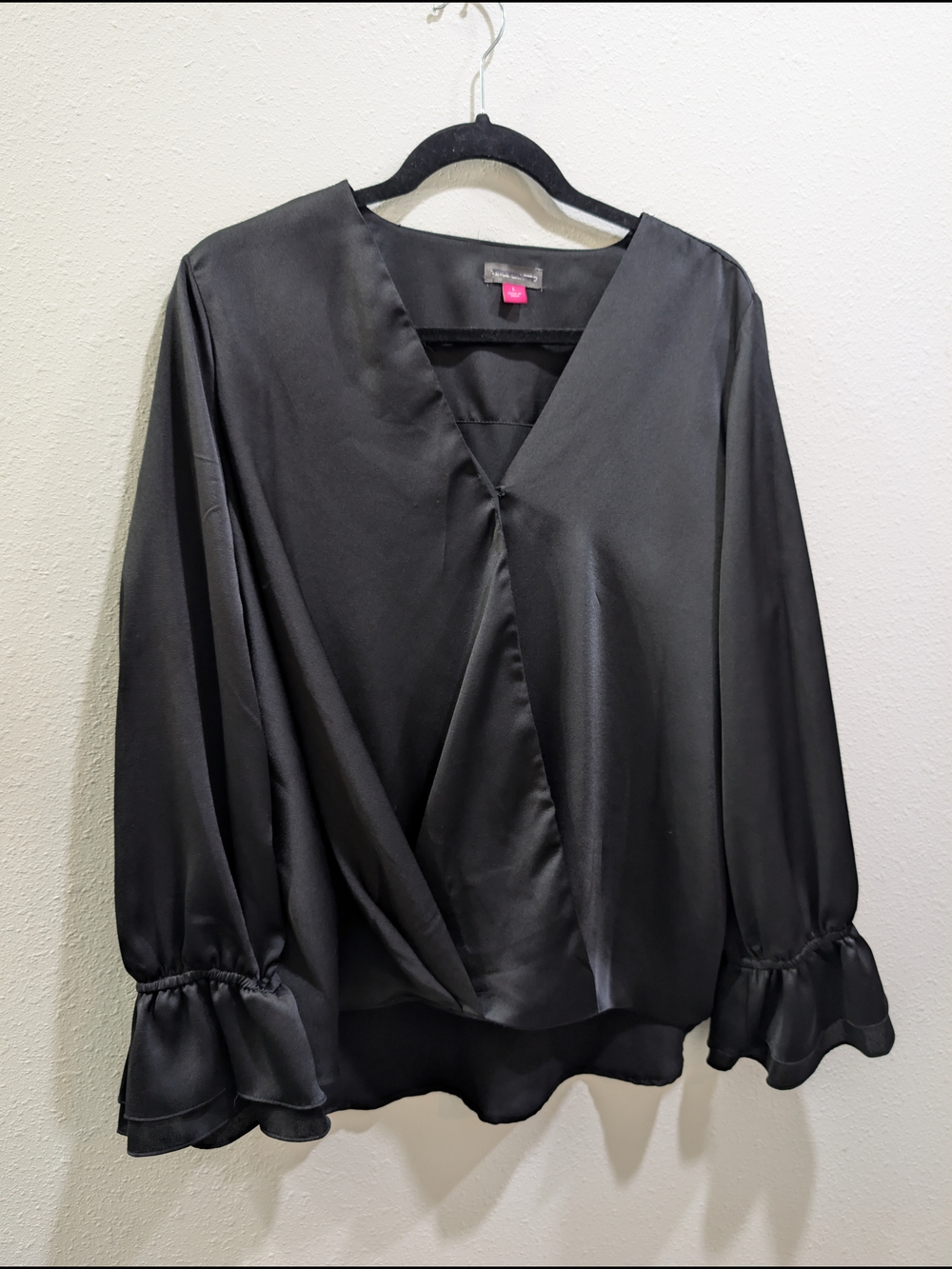 Vince Camuto Black Satin Surplice Blouse with Ruffle Cuffs